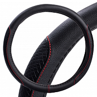 Оплетка на руль, искусст. кожа, с тиснением ромб , черная, красн. прошивка, 38 см/М