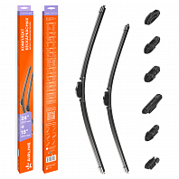 Щетки стеклоочистителя 600/450мм (24"/18") бескаркасные для а/м Лада/ВАЗ Vesta (15-19), Chevrolet Cruze (09-), Skoda Octavia (12-), KIA Sportage III (10-15), Renault Duster (15-17), Geely Coolray (20-),Chery Arrizo 8, Omoda S5, комплект, 6 типов адаптеров