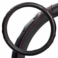 Оплетка на руль, искусст. кожа, рельефная, черная, красн. прошивка, 38 см/М