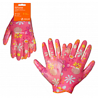 Перчатки полиэфирные с цельным нитрил. покрытием ладони, женские (M), розовые, с подвесом