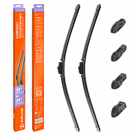 Щетки стеклоочистителя 600/600мм (24"/24") бескаркасные для а/м VW Transporter T5 (03-15), Mercedes-Benz E-Class (08-16)/C-Class (07-14), Iveco Daily (99-14), комплект, 4 типа адаптеров