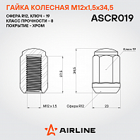 Гайка колесная M12x1,5x34,5, сфера R12, кл.19, закрытая, хром для а/м Honda