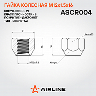 Гайка колесная M12x1,5x16, конус, кл.21, открытая, дакромет для а/м Mitsubishi/Hyundai